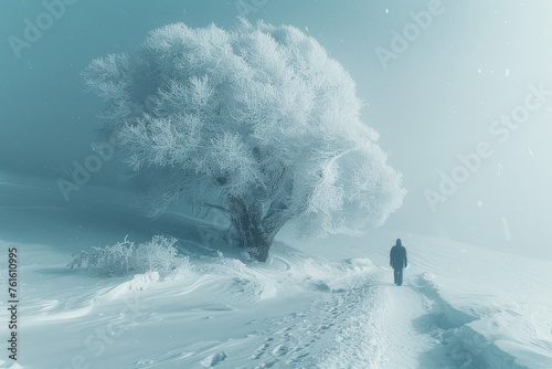 A lone person treads a snowy path towards a frost-encrusted tree photo