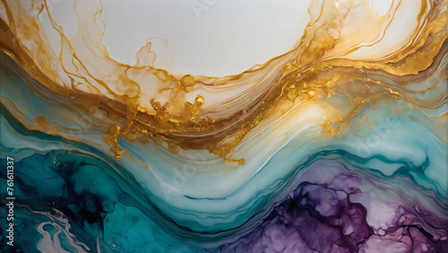 Abstract fluid art painting in alcohol ink, blending delicate hues to form transparent waves and golden swirls, evoking a sense of tranquil luxury.