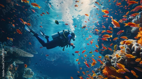 Professional divers swim and observe fish and corals in the ocean. photo