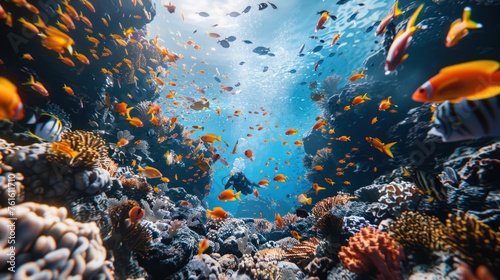 Professional divers swim and observe fish and corals in the ocean.
