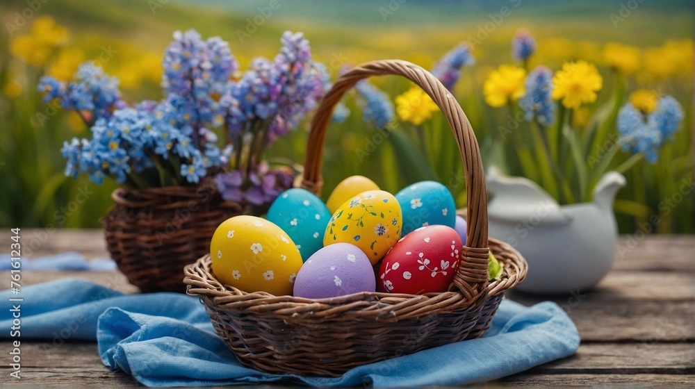Easter eggs of different colors lying in a basket on a wooden table with Easter supplies, against the backdrop of a blurred large spring meadow and large mountains