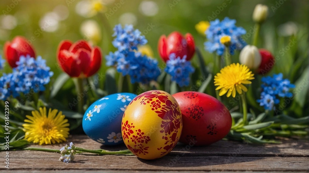 Easter eggs of red and color lying on a wooden table against the background of a blurred spring meadow with dandelions, forget-me-nots, violets, tulips and strawberries Easter eggs of red and color lying on a wooden table against the background of a blurred spring meadow with dandelions, forget-me-nots, violets, tulips and strawberries
