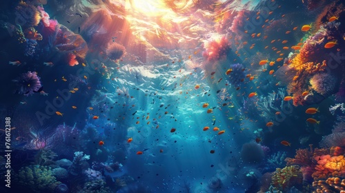 Beautiful scenery of the sea floating in colorful colors underwater.