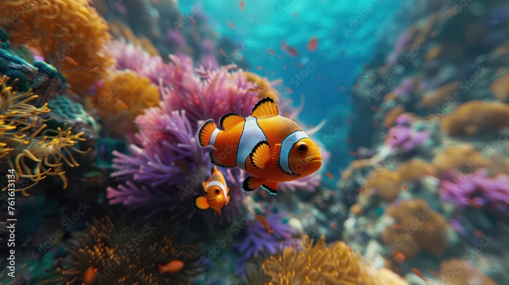 Obraz premium Undersea clownfish and coral one