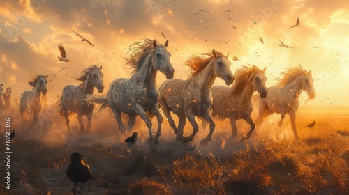 A black horse runs, surrounded by birds and dust. © Jang