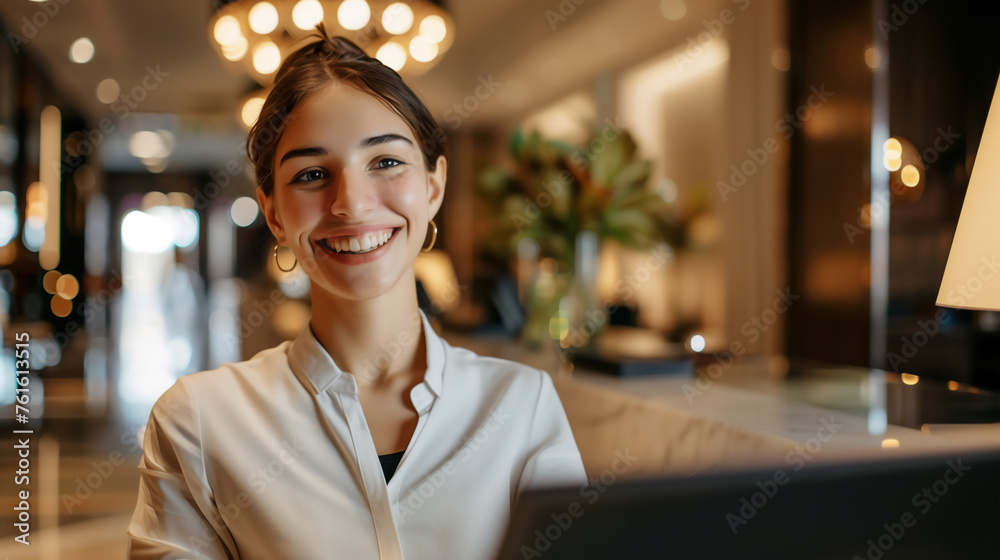 A young, happy receptionist with a bright smile stands at the front desk of a contemporary hotel lobby A young, happy receptionist with a bright smile stands at the front desk of a contemporary hotel lobby