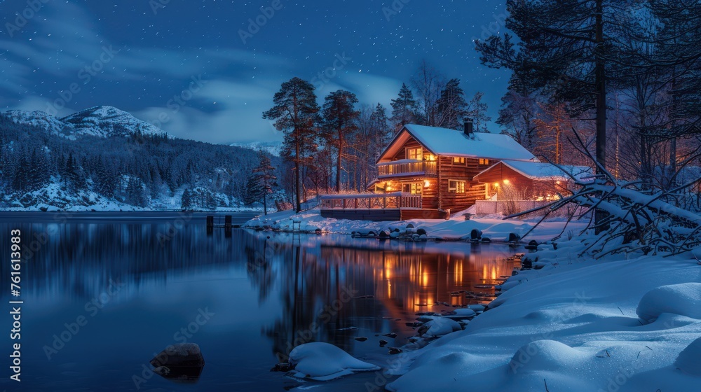 Glowing house next to lake and northern lights Glowing house next to lake and northern lights