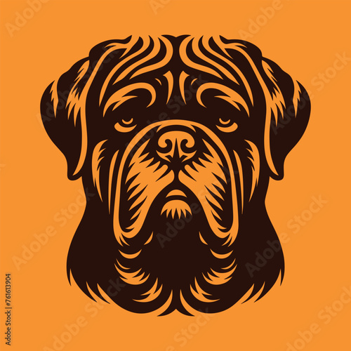 Dogue de Bordeaux, Bordeaux Mastiff, French Mastiff, Bordeauxdog. Engraving illustration. Hand drawn outline graphic. Logo, emblem, icon. Isolated object, cut out. brown and orange