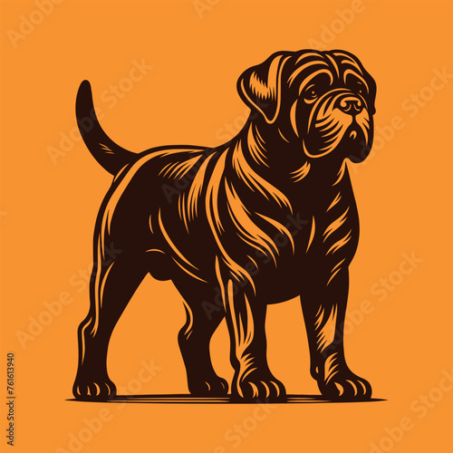 Dogue de Bordeaux, Bordeaux Mastiff, French Mastiff, Bordeauxdog. Engraving illustration. Hand drawn outline graphic. Logo, emblem, icon. Isolated object, cut out. brown and orange
