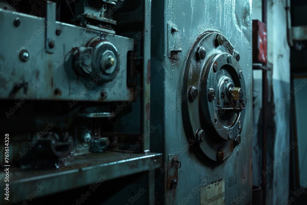 Close-up shot of machinery inside the weapons factory during the night shift
