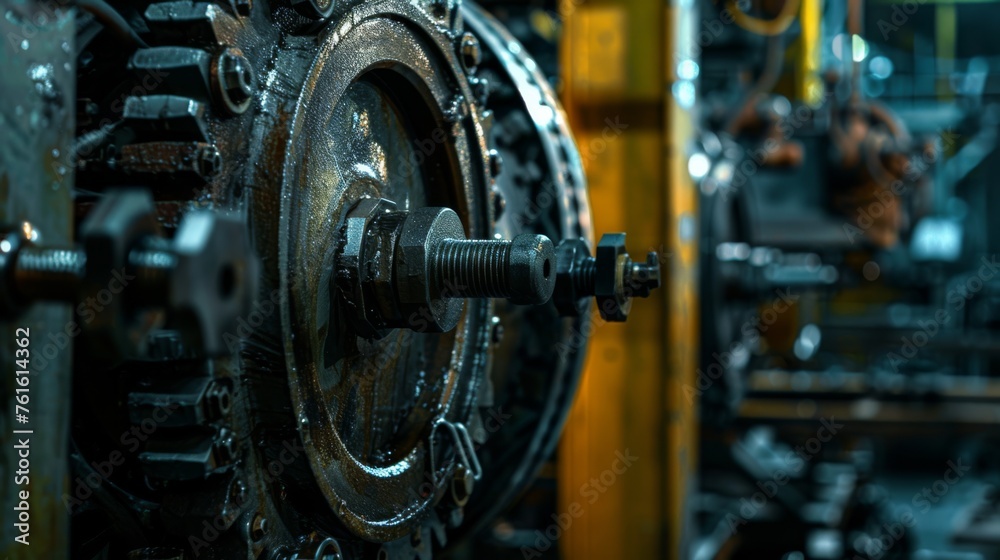 Close-up shot of machinery inside the weapons factory during the night shift
Close-up shot of machinery inside the weapons factory during the night shift