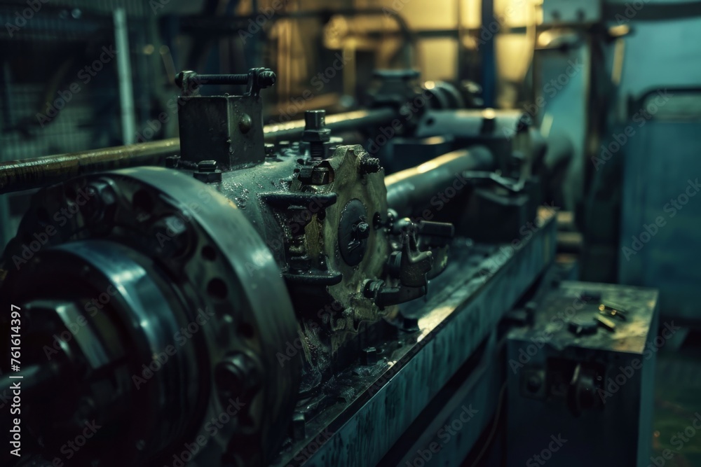 Close-up shot of machinery inside the weapons factory during the night shift
Close-up shot of machinery inside the weapons factory during the night shift