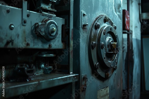 Close-up shot of machinery inside the weapons factory during the night shift 