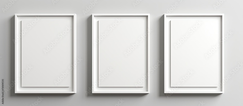 Three rectangular picture frames made of composite material are fixed onto a white wall, creating a symmetrical pattern. The frames are in shades of white and hung with metal fixtures Three rectangular picture frames made of composite material are fixed onto a white wall, creating a symmetrical pattern. The frames are in shades of white and hung with metal fixtures
