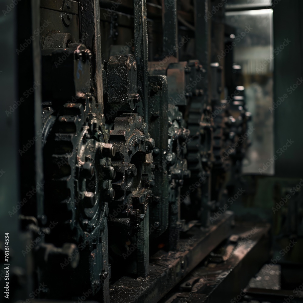 Close-up shot of machinery inside the weapons factory during the night shift
