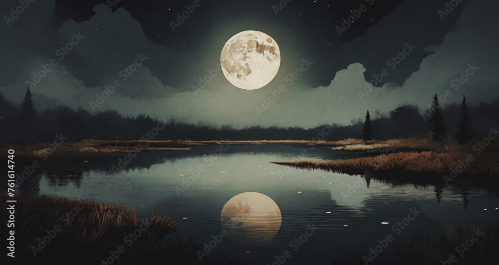 grande luna piena che si riflette nelle calme acque di uno stagno - obrazy, fototapety, plakaty 