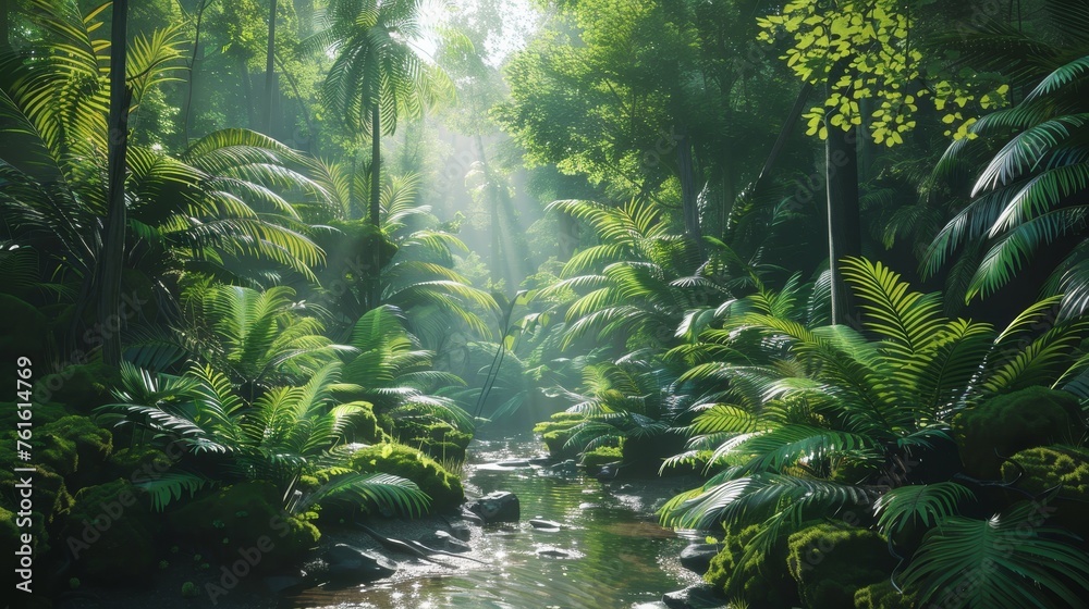 Dense tropical forests with sunlight filtering through the green canopy, create a peaceful and refreshing atmosphere.