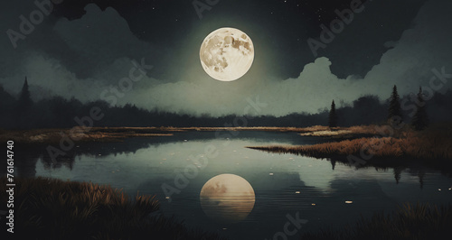 grande luna piena che si riflette nelle calme acque di uno stagno photo