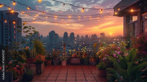 An urban rooftop garden at sunset  overlooking a bustling cityscape. The garden is filled with an array of potted plants and flowers  with soft fairy lights strung above.