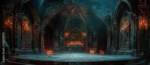 Abandoned Gothic Throne Room Shrouded in Dim Candlelight and Mystical Aura