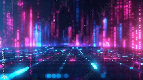 A visualization of a bustling digital metropolis comes to life with vibrant, glowing lines representing the dynamic flow of data and the pulse of urban life.