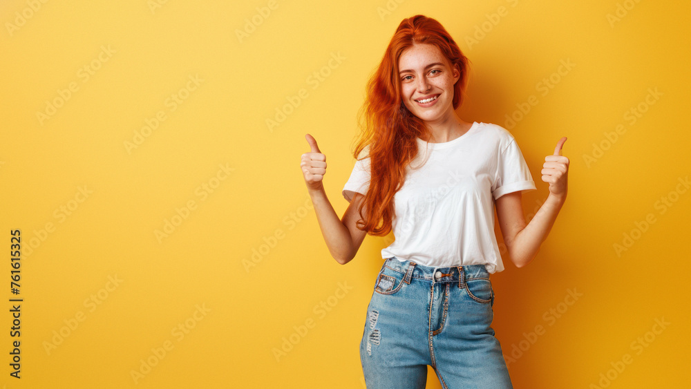 Radiant young woman with red hair and freckles giving thumbs up to camera in a friendly manner against a yellow backdrop Radiant young woman with red hair and freckles giving thumbs up to camera in a friendly manner against a yellow backdrop