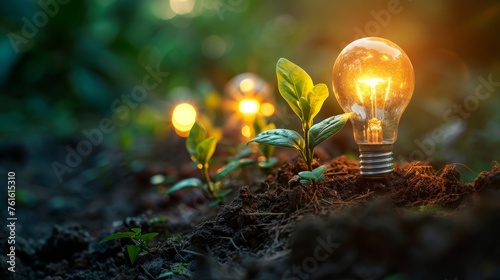 An incandescent light bulb glows among young green plants in dark soil, symbolizing ideas, growth, and sustainability.