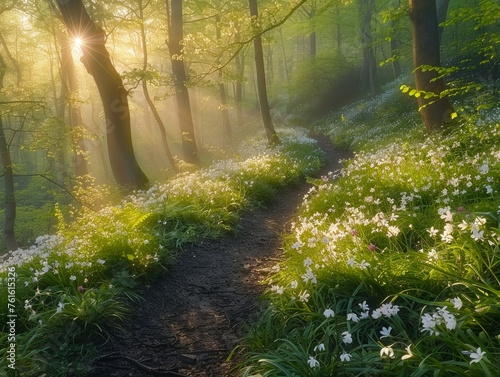 As dawn breaks, sunlight streams through a lush forest, illuminating a winding path bordered by wildflowers and fresh greenery, inviting a peaceful walk.
