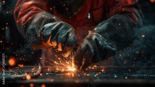 Intense sparks fly as a skilled welder works on metal with precision and focus, the bright flare of welding torch illuminating the dark industrial setting.