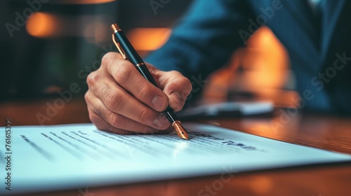 Close-up of a person's hand holding a luxurious pen while signing an official document, set against a warm, blurred background. photo
