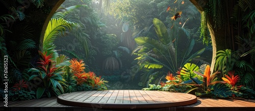 Tropical Rainforest Stage with Wooden Platform Amidst Lush Greenery and Exotic Flowers, Illuminated by Sunlight Filtering through Dense Foliage, High photo