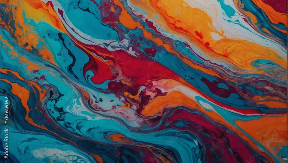 Abstract painting texture with mesmerizing waves of marbled acrylic ink in a spectrum of bold and bright colors, creating a dynamic and eye-catching banner background.