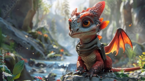 Vivid 3D of a whimsical dragon-like creature perched in a lush  sunlit enchanted forest setting.