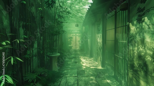 A tranquil pathway lined with bamboo  bathed in a mystical green light  invoking a sense of peace and ethereal beauty.