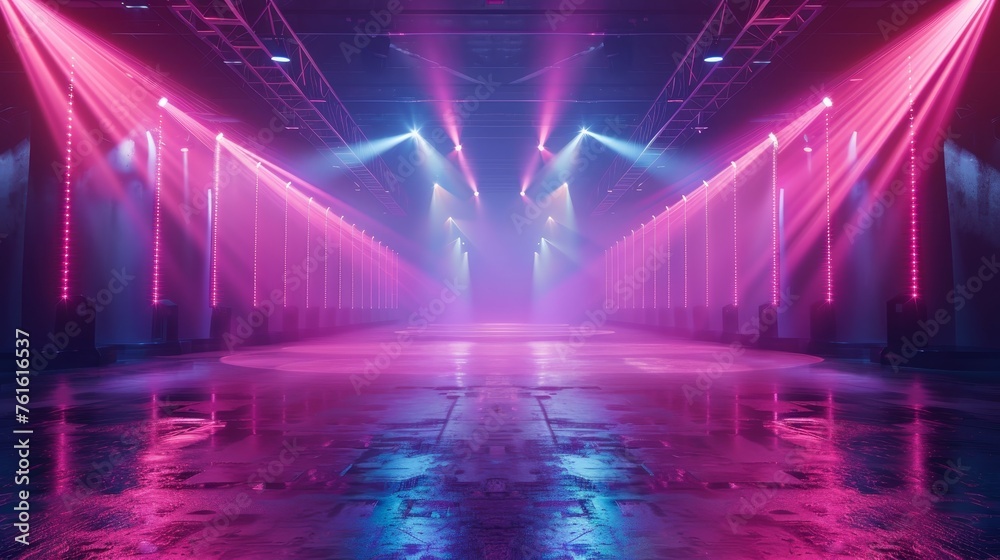 Vivid pink and blue neon lights illuminate an empty concert hall, creating a dramatic and futuristic atmosphere. - obrazy, fototapety, plakaty 