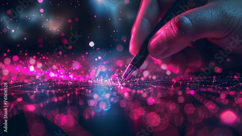 A close-up of a hand using a pen to interact with a dynamic, pink holographic interface full of light particles.