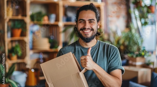 Smiling man holding cardboard box and giving thumbs up © Jang