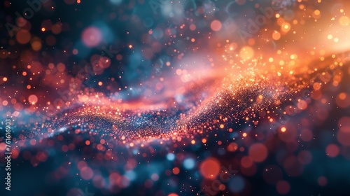 An abstract digital artwork with sparkling particles in a dance of blue and orange hues, embodying energy and vibrancy.