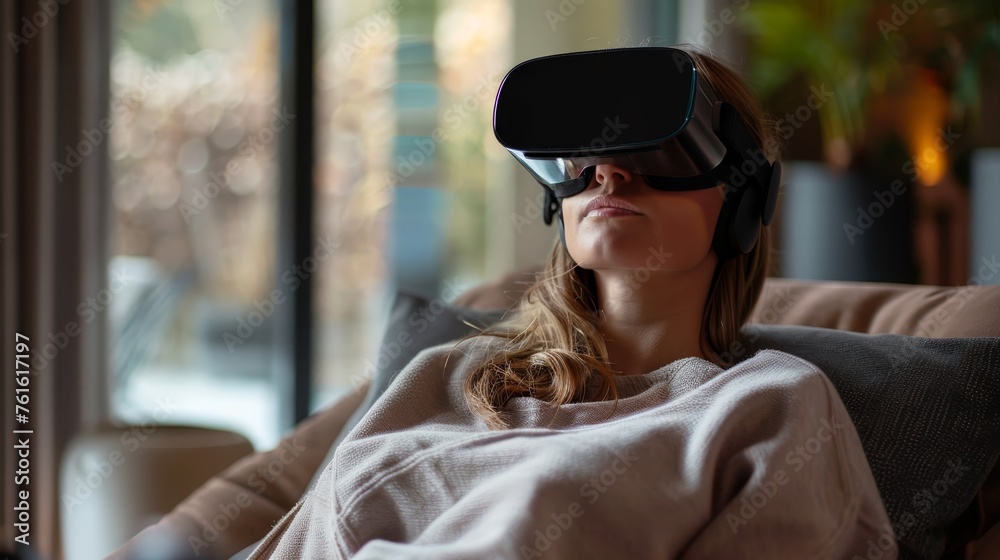 A young woman reclines comfortably at home, deeply engaged with a virtual reality headset, exploring digital worlds.