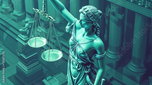 A teal-toned statue of Lady Justice holding balanced scales, symbolizing fair and impartial law.