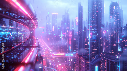 Futuristic neon-lit cityscape.