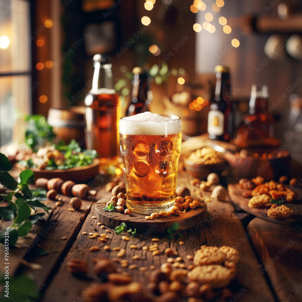 A glass of foamy beer on an old oak table. Beer snacks, bottles, bar atmosphere.