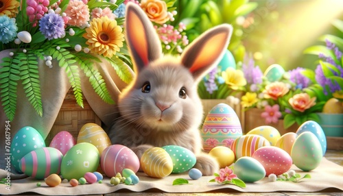 Easter Bunny is laying on a table with a basket of Easter eggs. The eggs are in various colors and sizes, and the rabbit is surrounded by them. The scene is cheerful and playful © peerasak