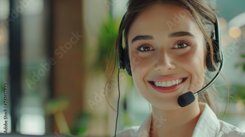Happy smiling woman working in call center with headphones