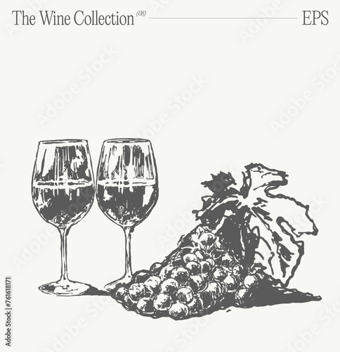 Bottles of wine, glasses and grapes on a table. Hand drawn vector illustration, sketch.