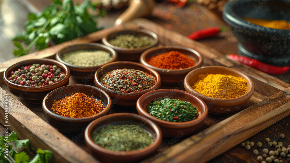 Assorted spices on a wooden board.