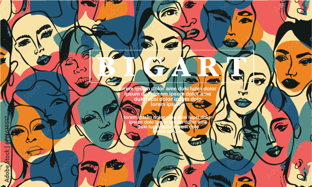 handrawn Seamless pattern of women faces vector style