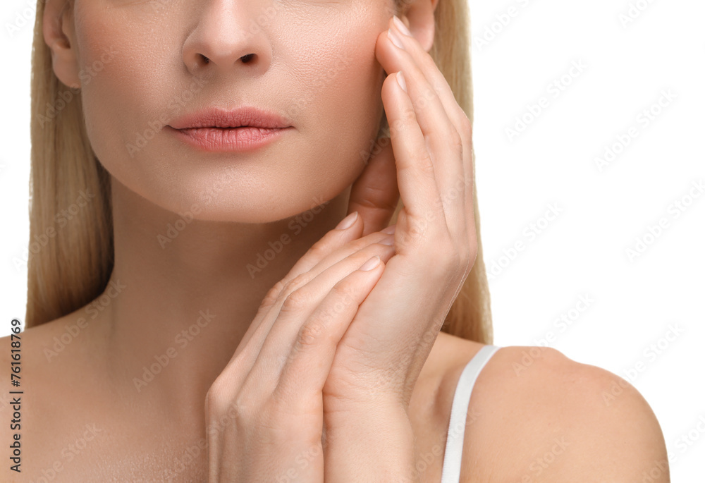 Beautiful woman with healthy skin on white background, closeup Beautiful woman with healthy skin on white background, closeup
