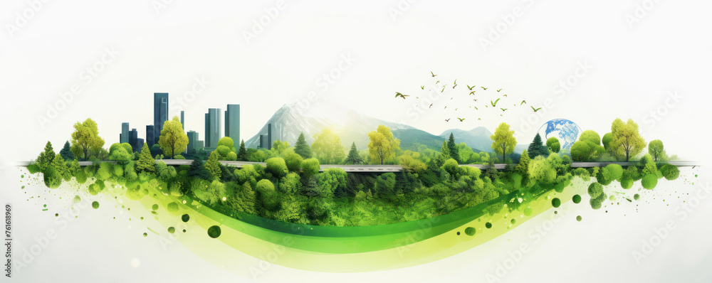 Artistic representation of a green world, blending urban elements with natural landscapes and wildlife. The fusion of urban living with nature's serenity, promoting a balanced, eco-conscious habitat.