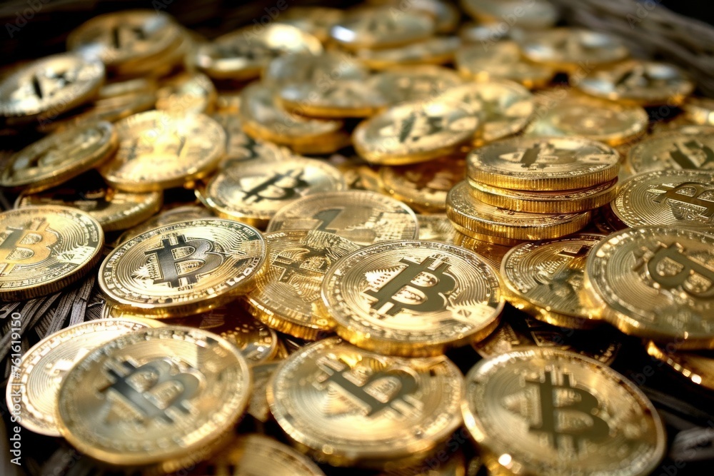 Stack of Golden Bitcoins on Table Stack of Golden Bitcoins on Table